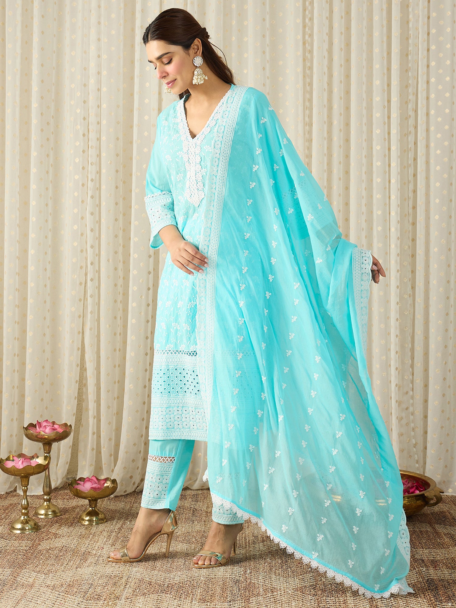 Blue Embroidered Pure Cotton Straight Kurta Sets With Dupatta