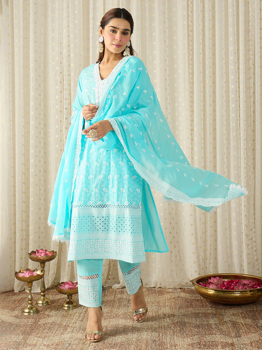 Blue Embroidered Pure Cotton Straight Kurta Sets With Dupatta