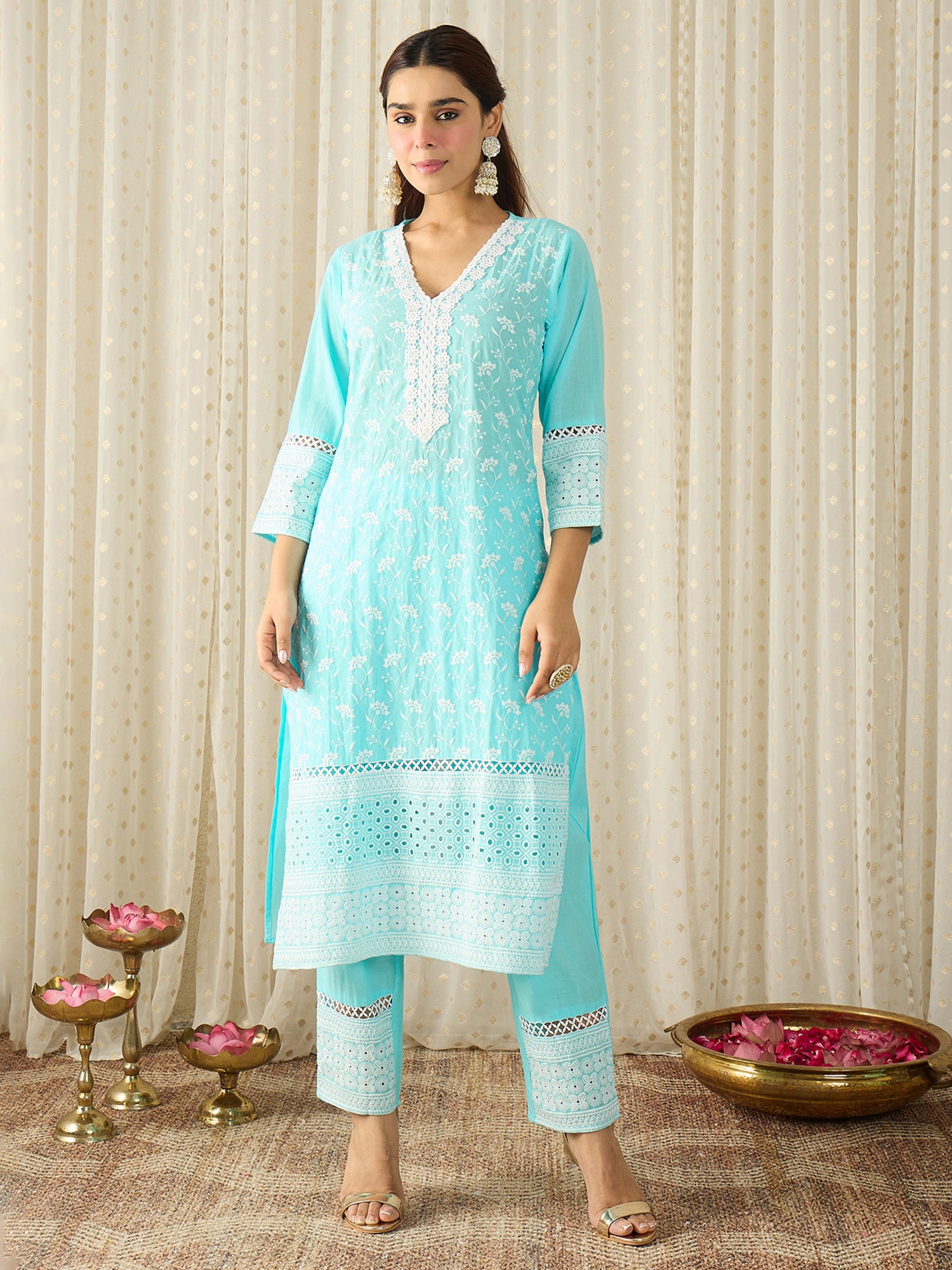 Blue Embroidered Pure Cotton Straight Kurta Sets With Dupatta