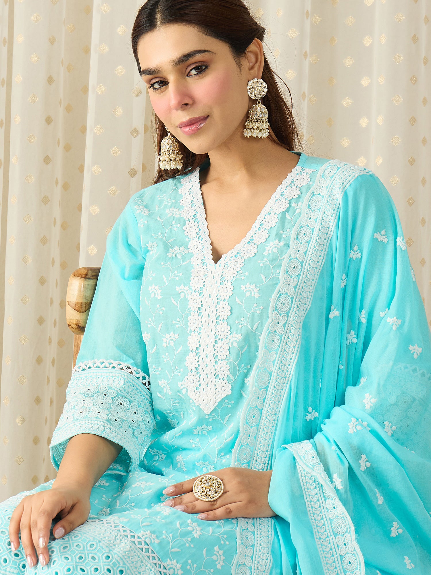 Blue Embroidered Pure Cotton Straight Kurta Sets With Dupatta