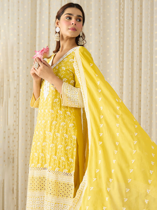 Yellow Embroidered Pure Cotton Straight Kurta Sets With Dupatta