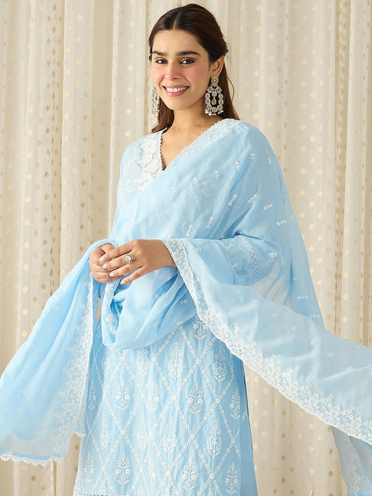 Blue Embroidered Pure Cotton Straight Kurta Sets With Dupatta