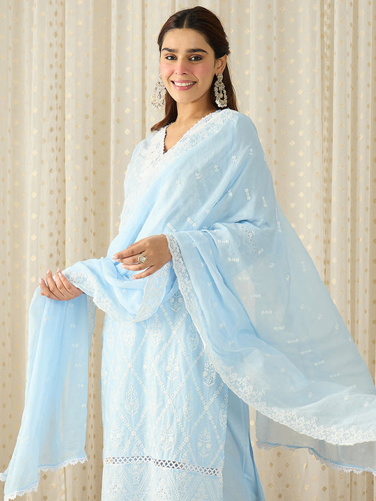 Blue Embroidered Pure Cotton Straight Kurta Sets With Dupatta