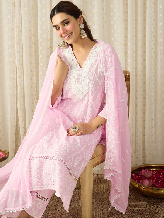 Pink Embroidered Pure Cotton Straight Kurta Sets With Dupatta