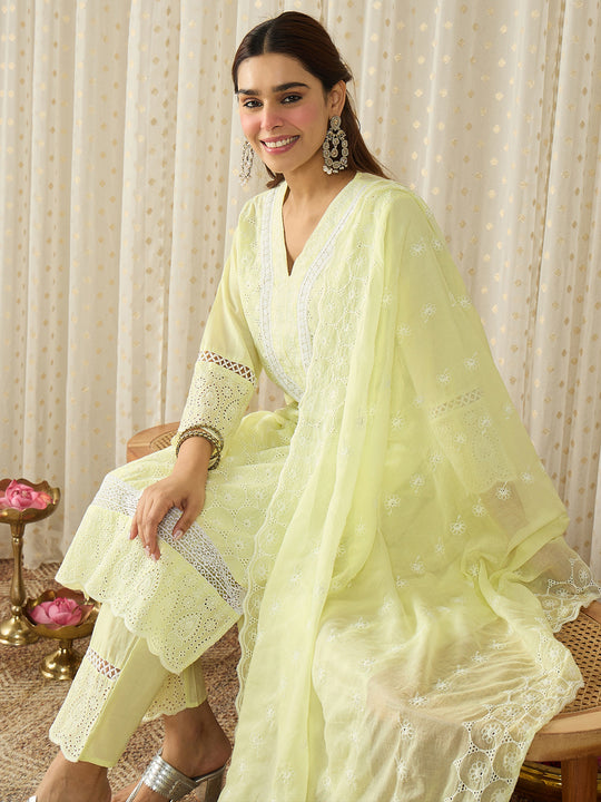 Yellow Embroidered Pure Cotton Straight Kurta Sets With Dupatta