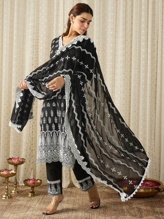 Black Embroidered Pure Cotton Straight Kurta Sets With Dupatta