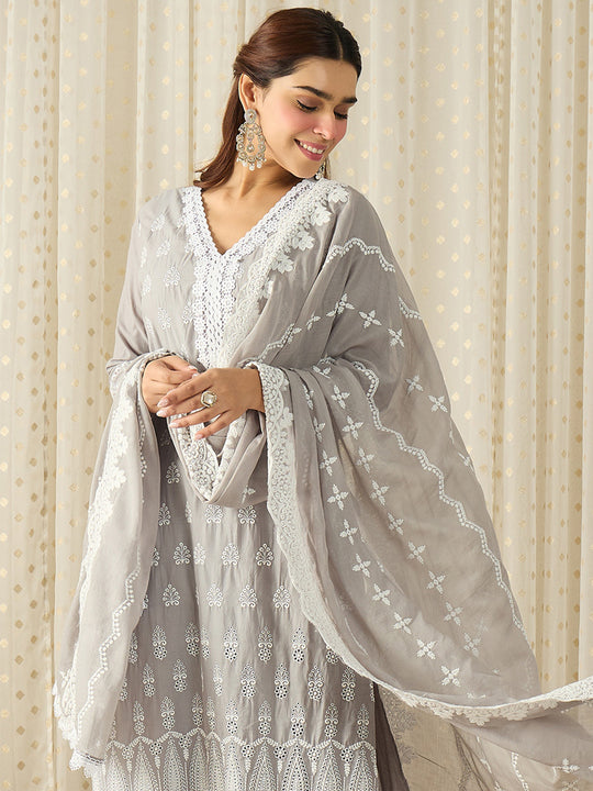 Grey Embroidered Pure Cotton Straight Kurta Sets With Dupatta