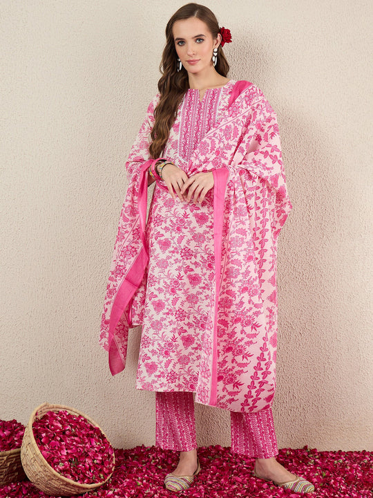 Pink Printed Cotton Blend Straight Kurta Sets With Dupatta