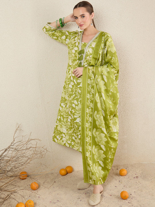 Green Printed Cotton Blend Straight Kurta Sets With Dupatta