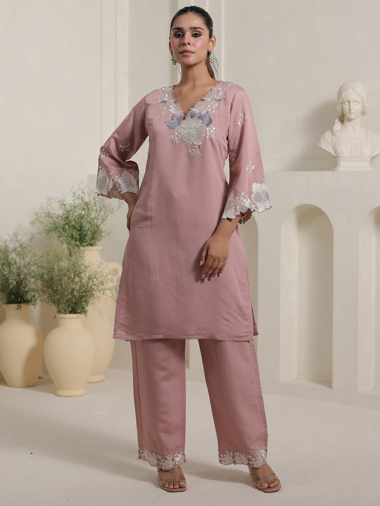 Mauve Embroidered Silk Blend Straight Kurta Trousers Set