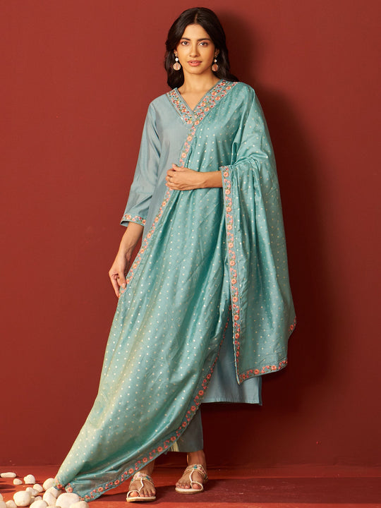 Blue Embroidered Silk Blend Straight Women Kurta Trouser With Dupatta
