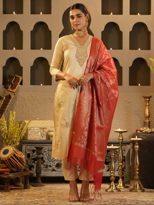 Cream Embroidered Silk Blend Straight Kurta Sets With Dupatta