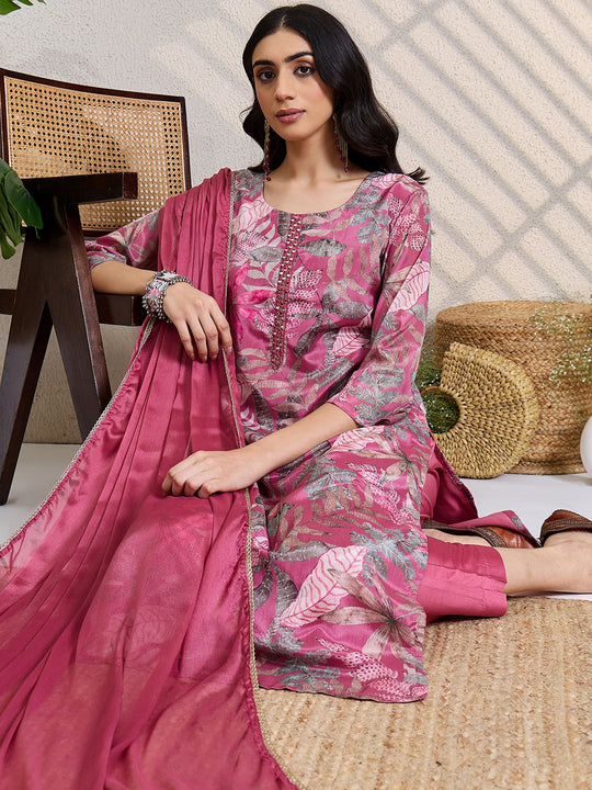 Pink Printed Silk Blend Straight Suit Sets With Dupatta