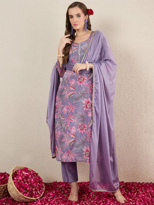 Lavender Printed Silk Blend Straight Kurta Sets With Dupatta