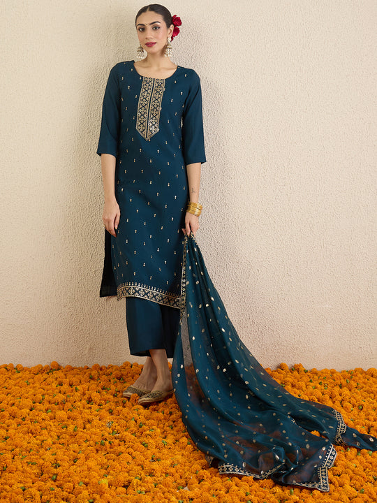 Teal Embroidered Straight Kurta Pant With Dupatta Set