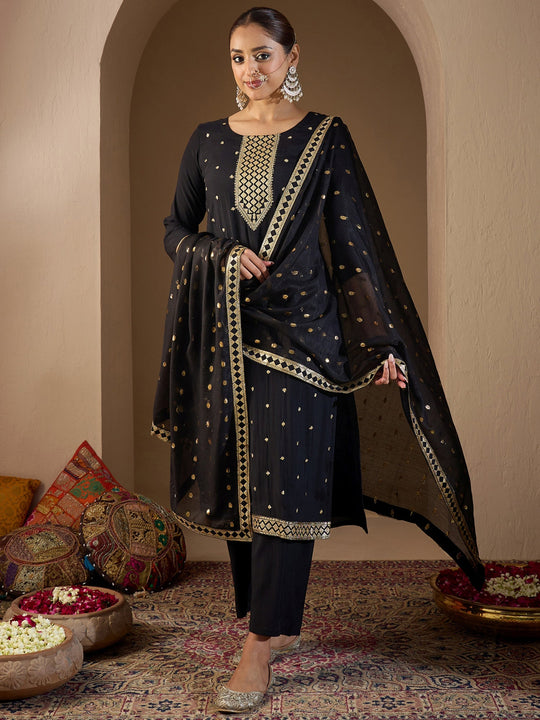 Indo Era Black Embroidered Straight Kurta Trousers With Dupatta Set