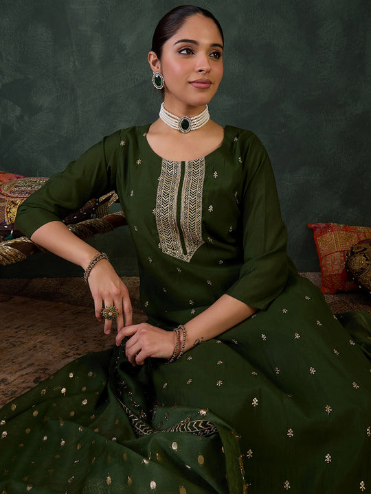 Green Silk Blend Straight Kurta Trouser With Dupatta