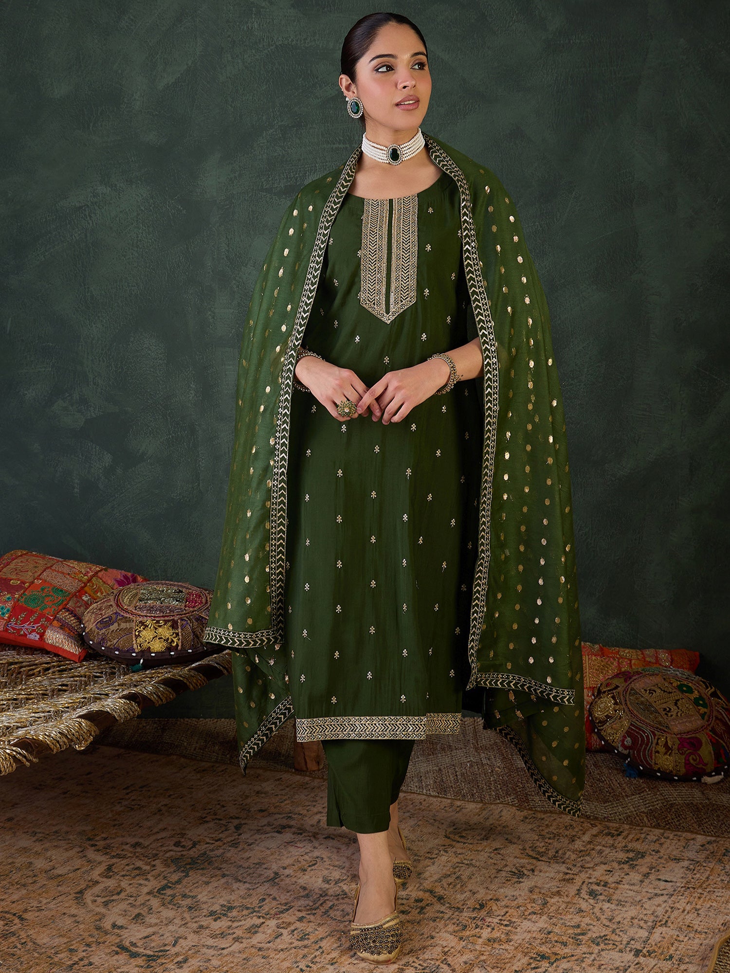 Green Silk Blend Straight Kurta Trouser With Dupatta
