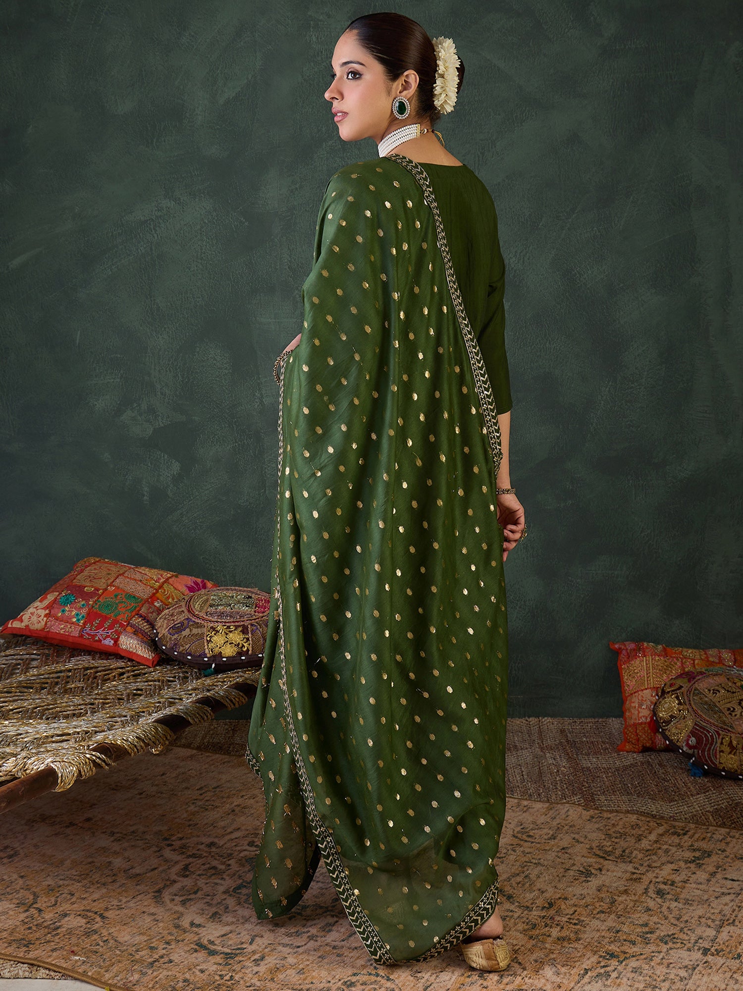 Green Silk Blend Straight Kurta Trouser With Dupatta