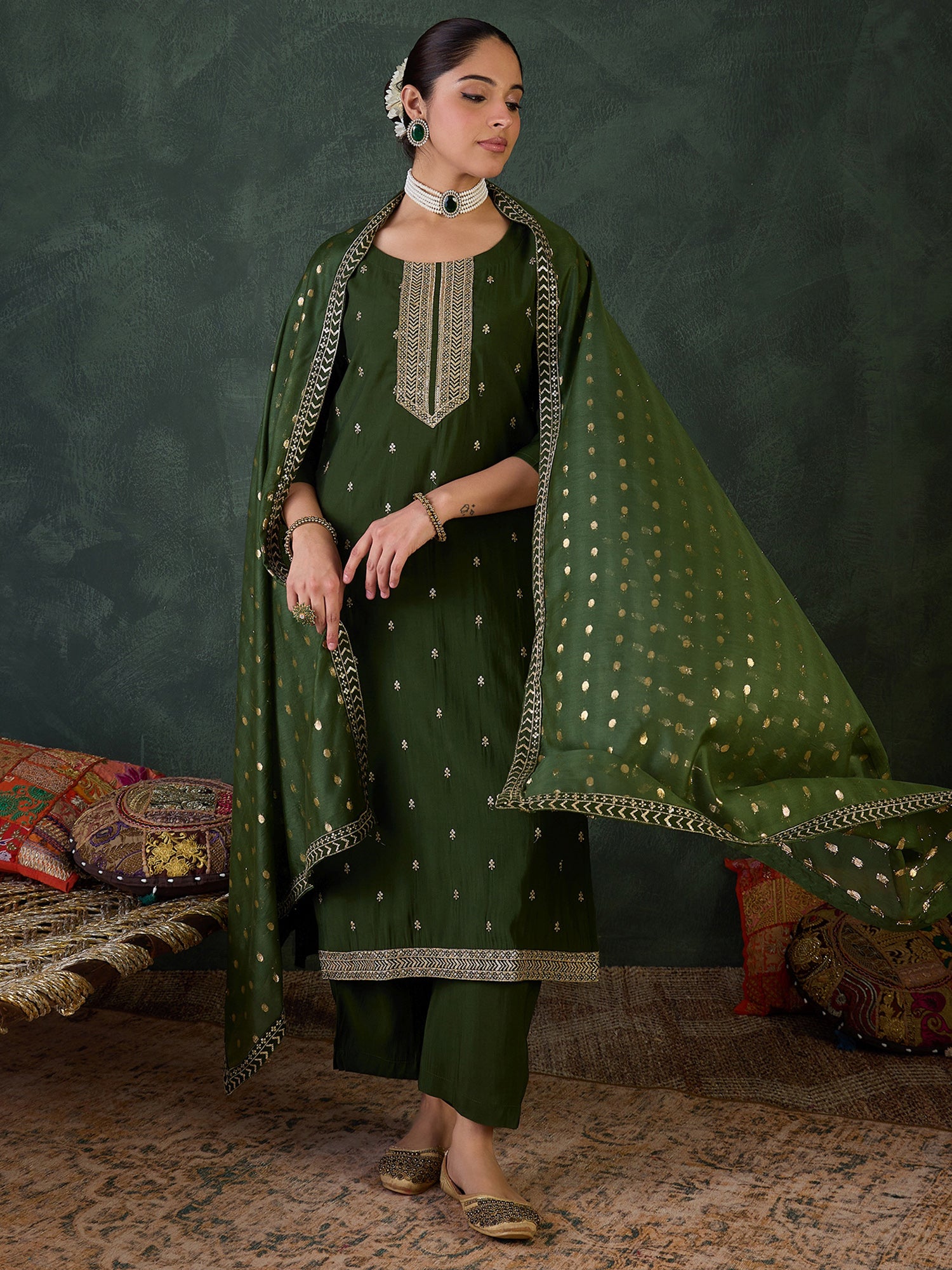Green Silk Blend Straight Kurta Trouser With Dupatta