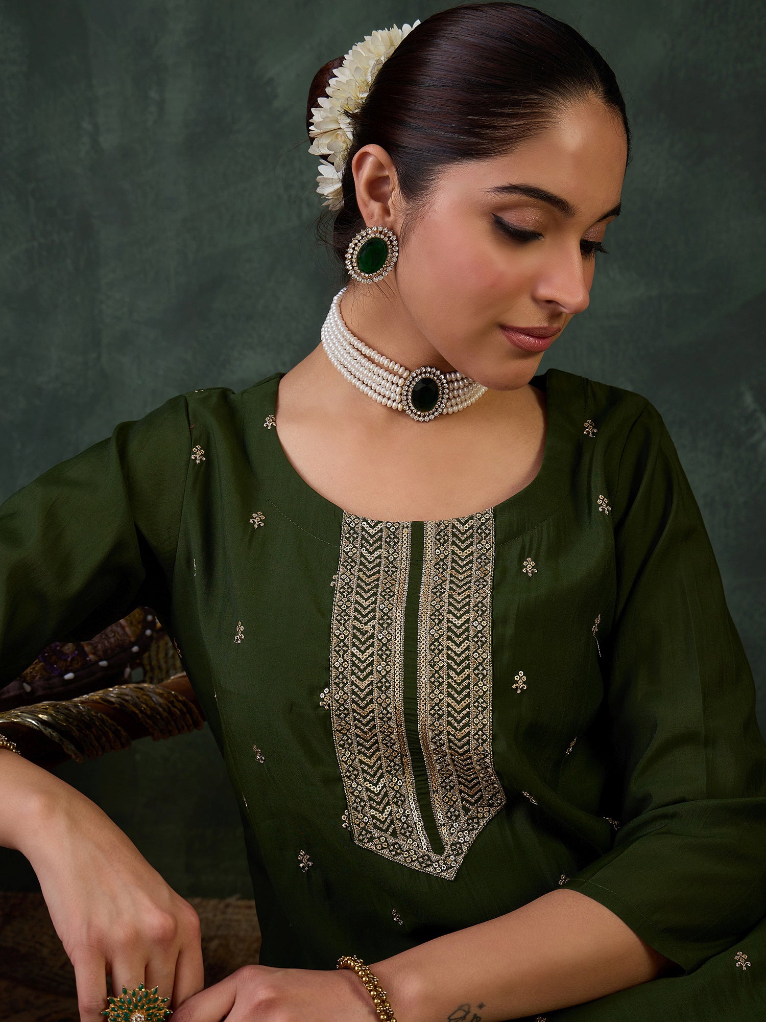 Green Silk Blend Straight Kurta Trouser With Dupatta