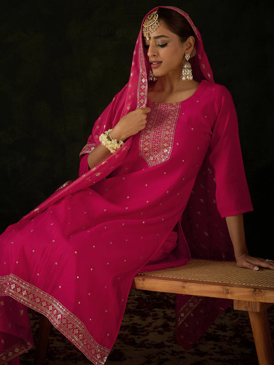 Indo Era Pink Embroidered Straight Kurta Trousers With Dupatta Set