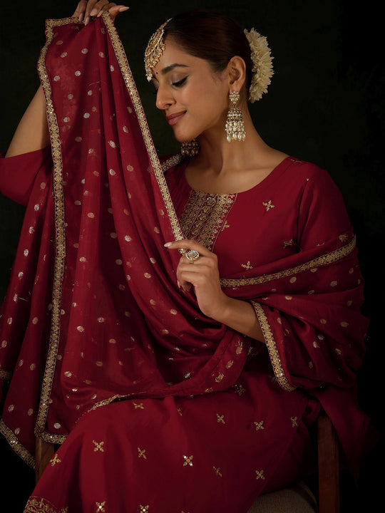 Maroon Embroidered Straight Kurta Trousers With Dupatta