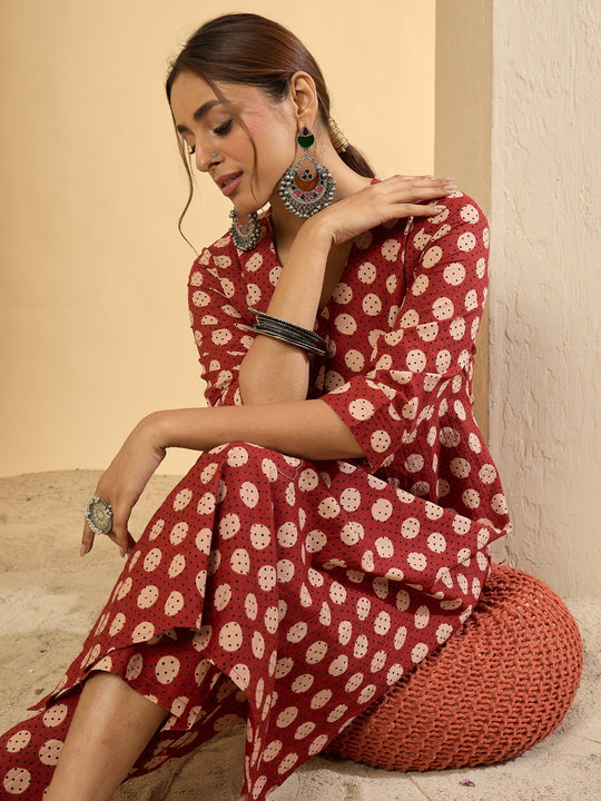 Maroon Printed Pure Cotton Straight Kurta With Trouser Set