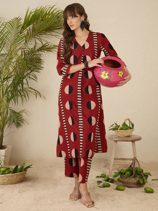 Maroon Printed Straight Kurta Trouser Set
