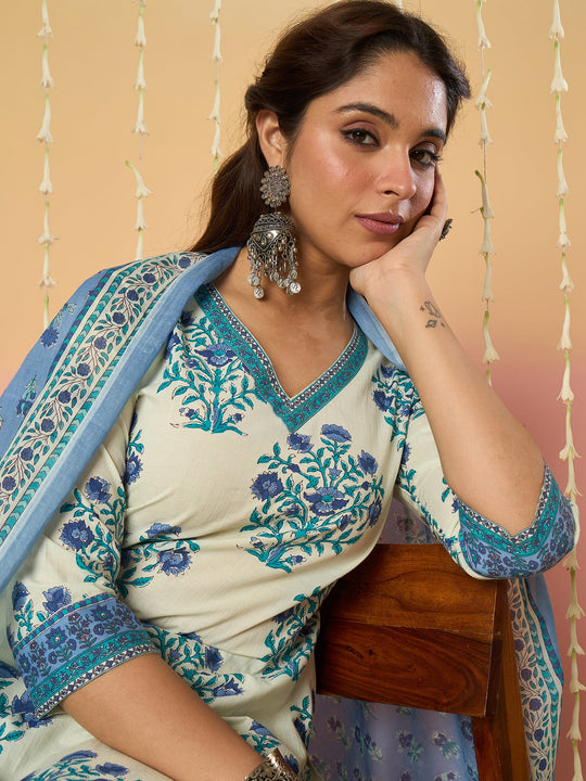 Women Off White Printed Pure Cotton Straight Kurta Sets With Dupatta