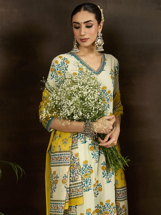 Off White Printed Pure Cotton Straight Suit Set With Dupatta