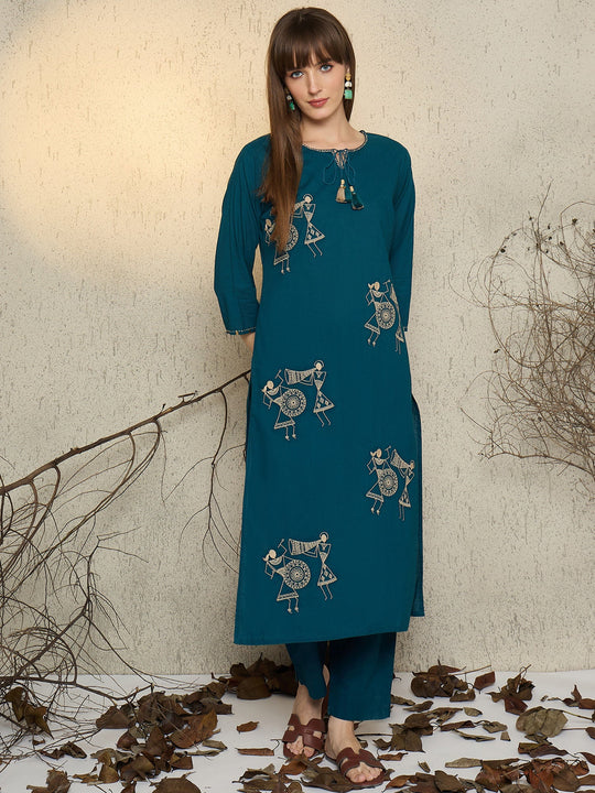 Teal Embroidered Pure Cotton Straight Kurta Trouser Set