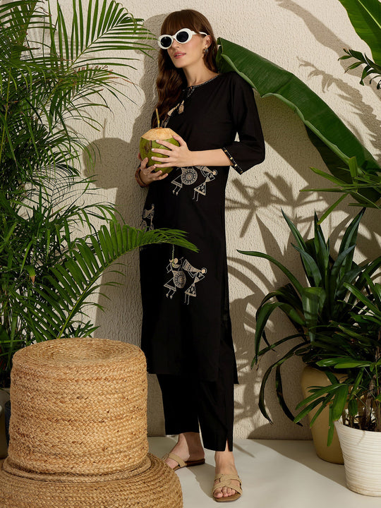 Black Embroidered Pure Cotton Straight Kurta Trouser Set