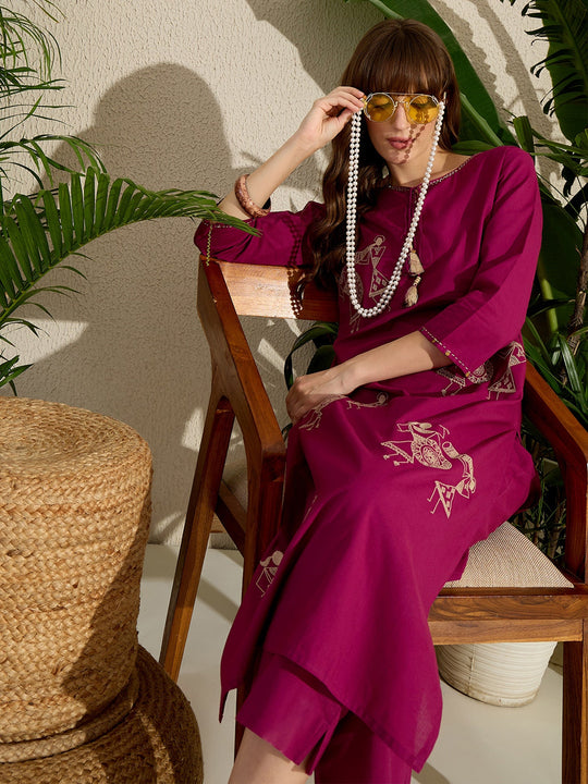 Burgundy Embroidered Pure Cotton Straight Kurta Trouser Set