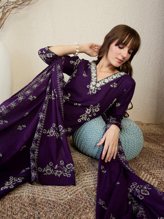 Purple Printed Pure Cotton Straight Suit Sets With Dupatta