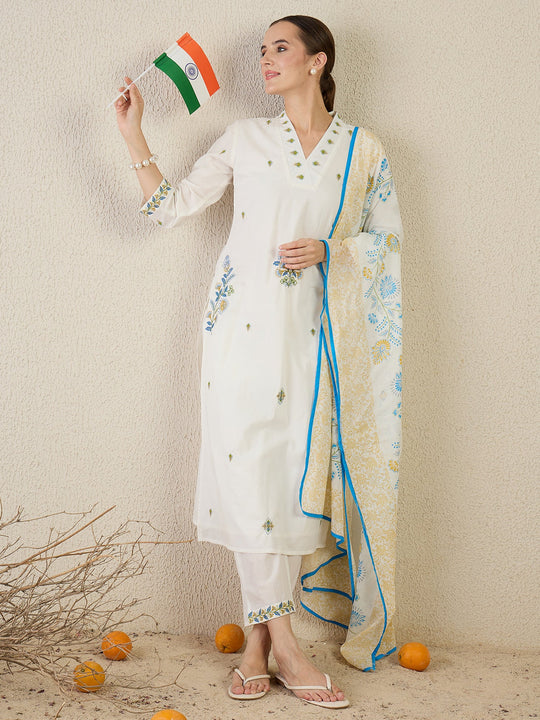 White Embroidered Pure Cotton Straight Kurta Sets With Dupatta