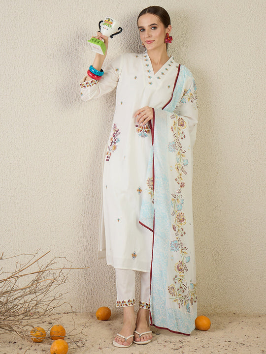 White Embroidered Pure Cotton Straight Kurta Sets With Dupatta