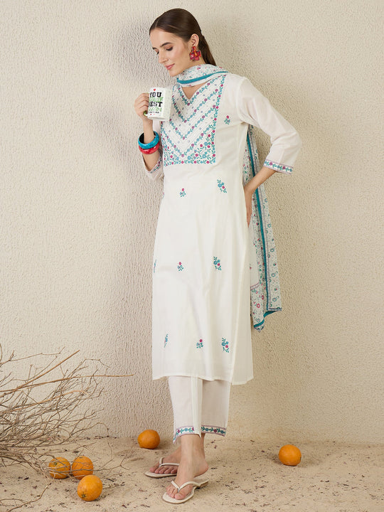 White Embroidered Pure Cotton Straight Kurta Sets With Dupatta