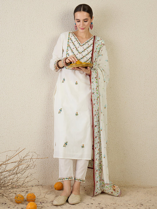 Off White Embroidered Pure Cotton Straight Kurta Sets With Dupatta