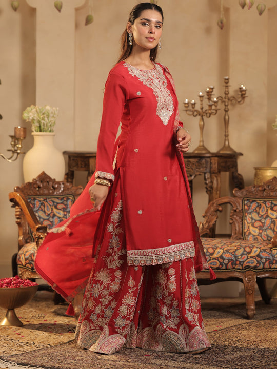 Maroon Embroidered Silk Blend Straight Kurta Palazzos With Dupatta