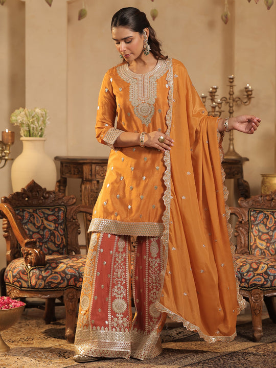 Orange Embroidered Silk Blend Straight Kurta Palazzos With Dupatta