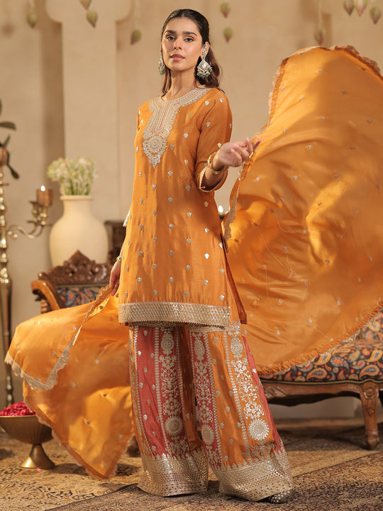 Orange Embroidered Silk Blend Straight Kurta Palazzos With Dupatta