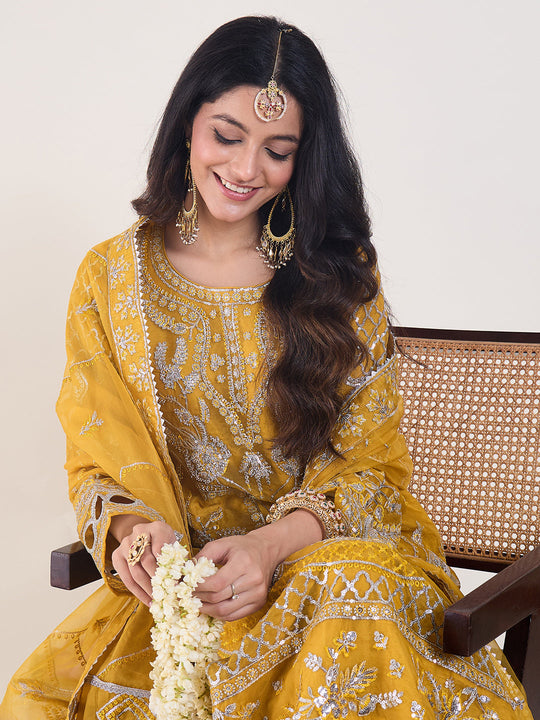 Indo Era Yellow Embroidered Straight Kurta Trousers With Dupatta Set