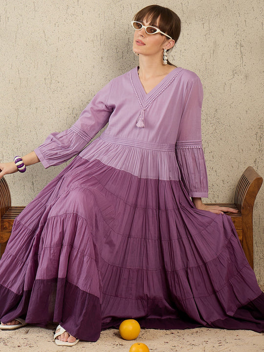 Purple Solid Anarkali Long Sleeves Cotton Kurtas