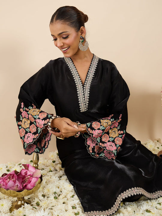 Indo Era Black Embroidered Straight Kurta Palazzos Set