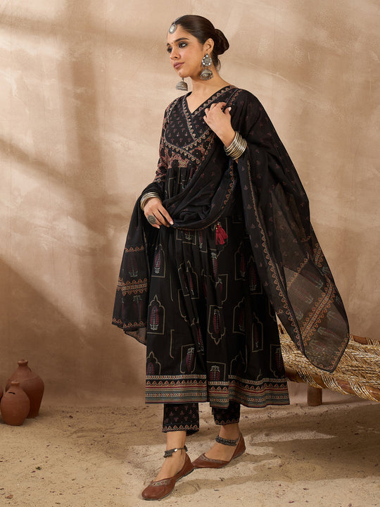 Women Black Printed Pure Cotton A-Line Kurta Sets With Dupatta