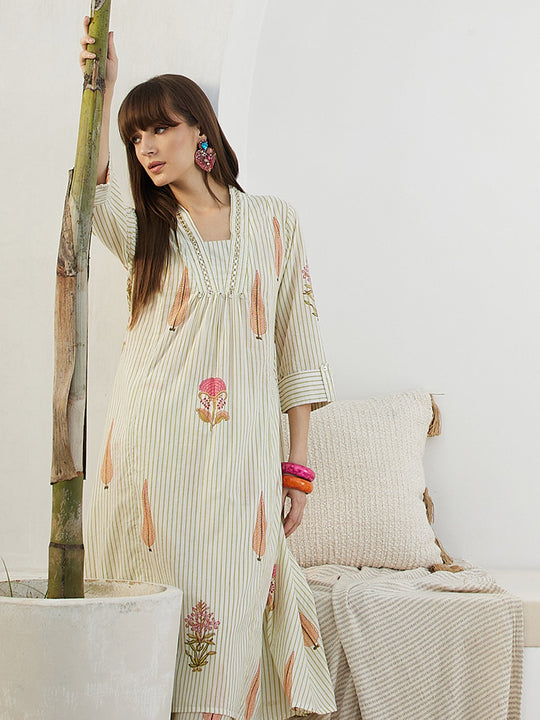 Off White Printed Pure Cotton A-Line Kurta Trousers Set