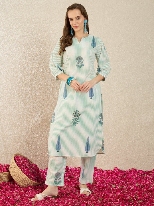 Indo Era Sea Green Printed Straight Kurta Trousers Set