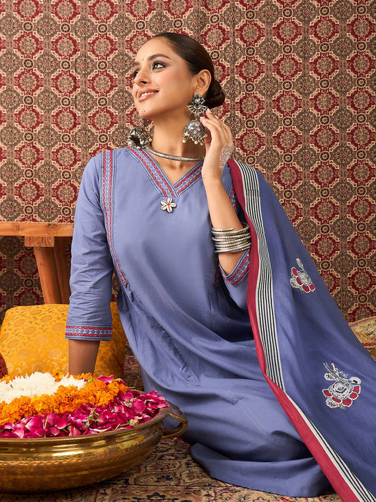 Blue Embroidered Pure Cotton A-Line Kurta Sets With Dupatta