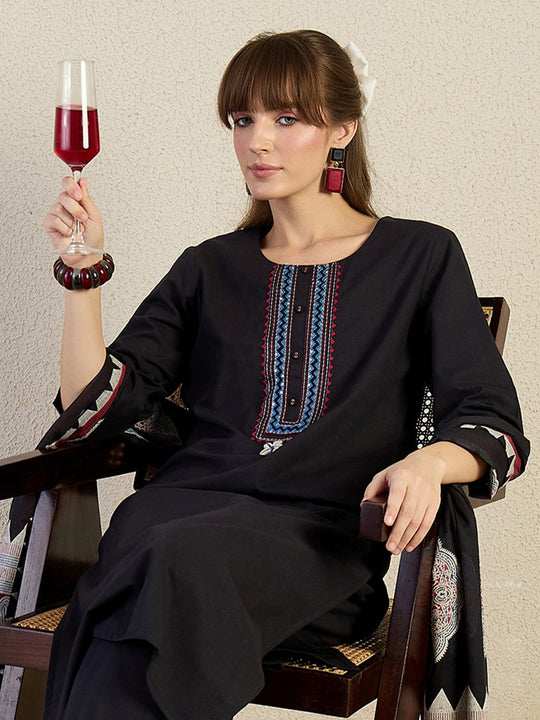 Black Solid Pure Cotton Straight Suit Sets With Dupatta